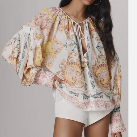 Farm Rio Anthropologie Maritime Magic Long-Sleeve Peasant Blouse Top XS NWT - Picture 1 of 5
